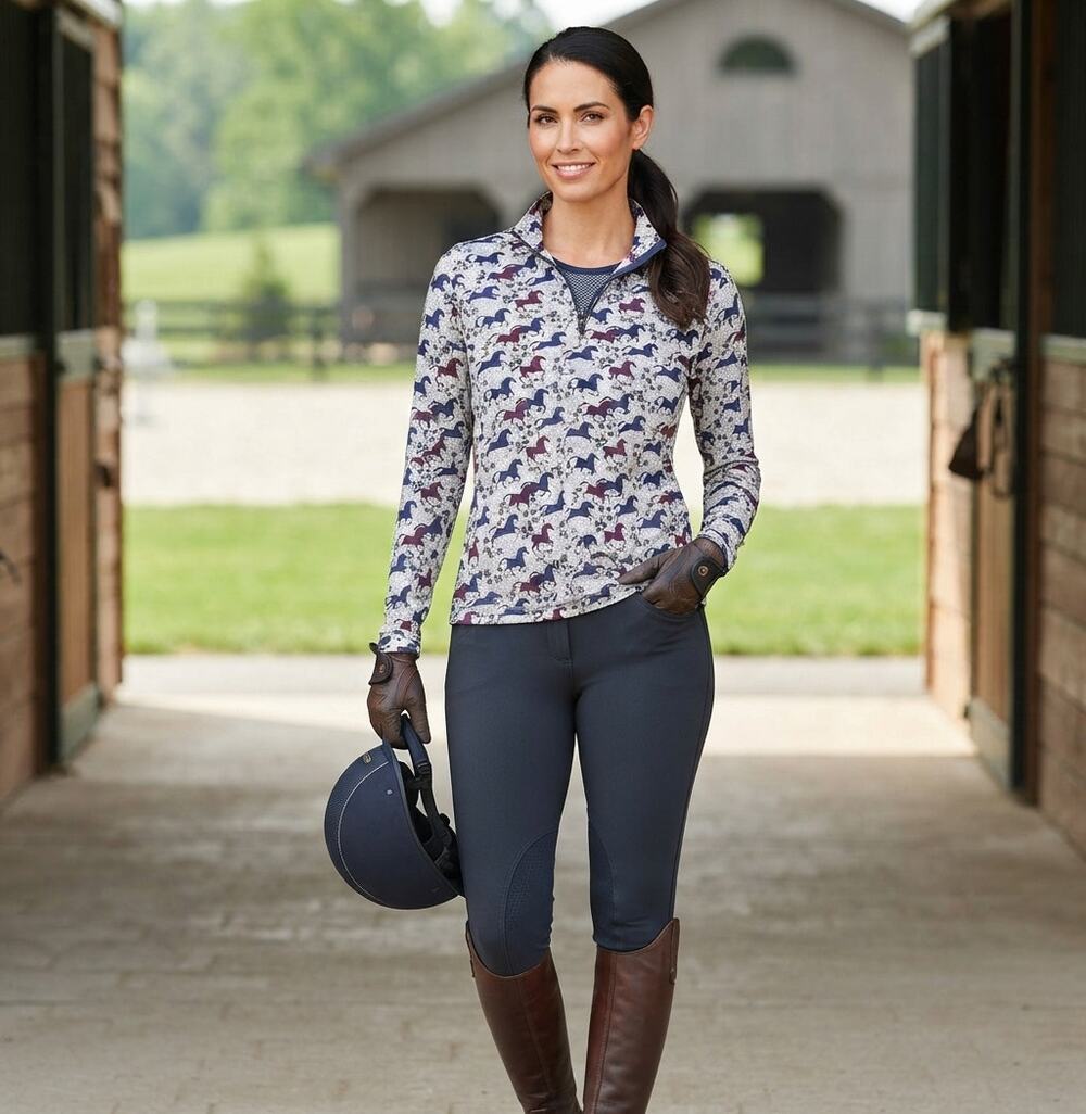 Kerrits Equestrian Horse Print Quarter Zip Performance Base Layer Top Large EUC